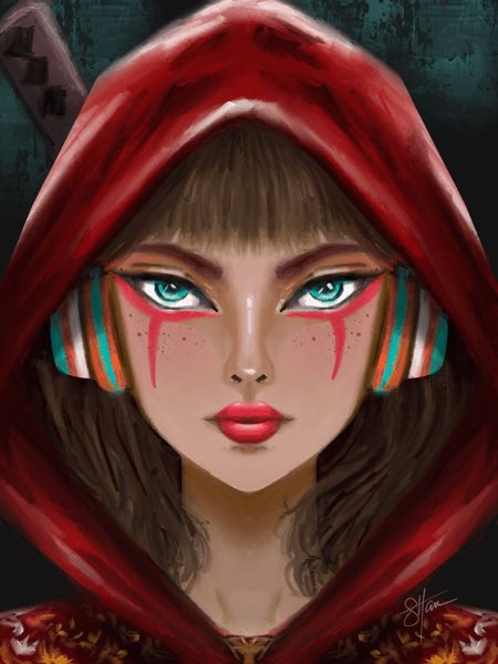 A digital painting of a young woman wearing a red hooded cloak with teal headphones and red markings dripping from her striking blue eyes.