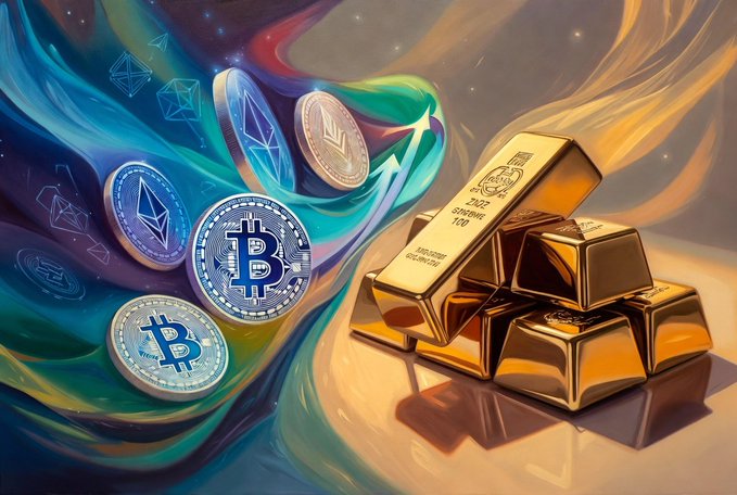 A digital illustration showing physical gold bars stacked on the right and floating cryptocurrency coins including Bitcoin and Ethereum on the left, with an arrow connecting them.