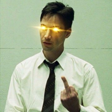A man in a white shirt and dark tie stands against a pale green wall, holding up his middle finger while glowing yellow laser beams shoot from his eyes—visually matching the caption's tongue-in-cheek promise of "lazer eyes" with a defiant, edgy twist.
