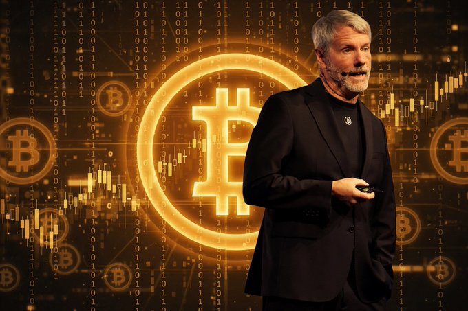 In this image, there's a man dressed in a suit standing next to a large neon Bitcoin symbol surrounded by small circles with the number eight in each circle, giving an impression of a futuristic setting. The main focus of the image is on the man, who appears to be talking or posing in front of the Bitcoin symbol and its associated circles.