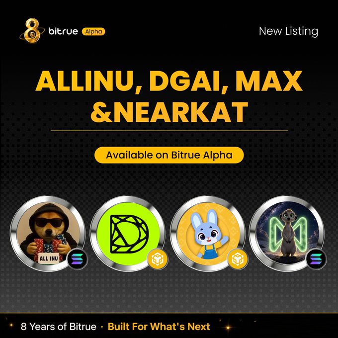 A promotional graphic for Bitrue Alpha announcing a "New Listing" of four tokens—$ALLINU, $DGAI, $MAX, and $NEARKAT—with each token's logo displayed in a circular frame below the bold yellow heading, matching the accompanying post's announcement.
