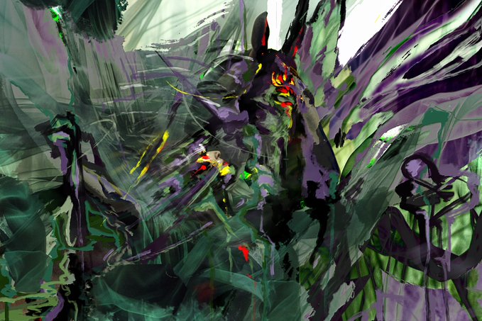 An abstract, painterly artwork featuring dark green, purple, and black swirling shapes with striking red and yellow accents.