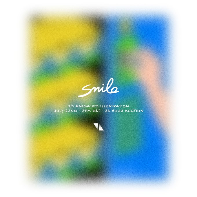 A blurred, colorful illustration serves as the backdrop for an announcement reading "Smilo - 1/1 ANIMATED ILLUSTRATION - JULY 22ND - 2PM EST - 24 HOUR AUCTION," promoting the artist "Smilo's" debut 1/1 NFT drop on Transient Labs.

Caption: A blurred colorful backdrop featuring an announcement for Smilo's first 1/1 animated illustration NFT, launching July 22nd at 2pm EST in a 24-hour auction on Transient Labs.