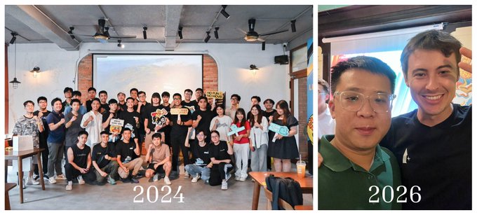 A side-by-side comparison labeled '2024' and '2026', showing a large group photo of people on the left and a selfie of two men on the right.