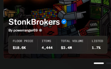 A digital marketplace listing for a collection called 'StonkBrokers' by powerwrange69, showing a floor price of $18.6K, 4,444 items, $3.4M total volume, and a 1.7% listed ratio.