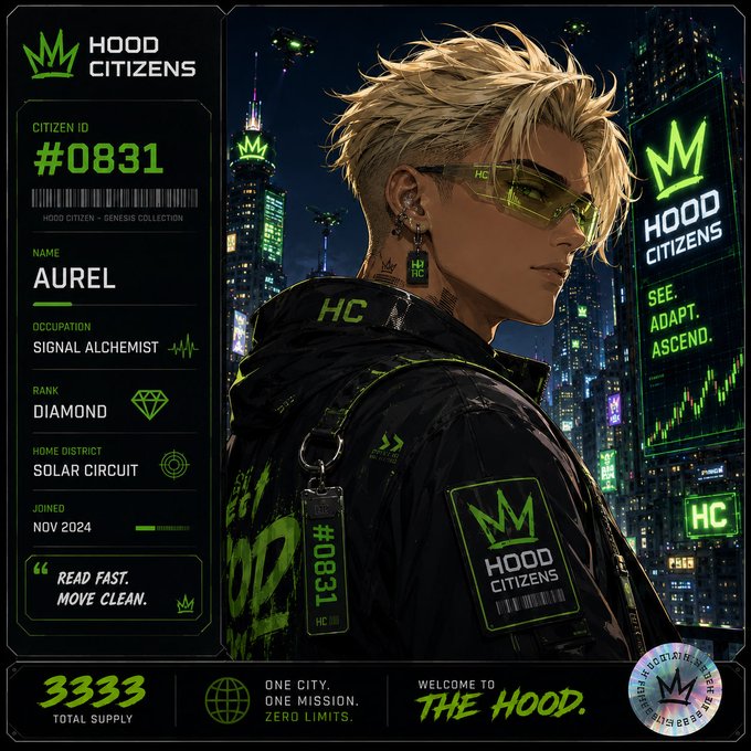 A digital character card for "HOOD CITIZENS" featuring an anime-style blonde character wearing green-tinted sunglasses, with details including "CITIZEN ID #0831", "NAME: AUREL", "OCCUPATION: SIGNAL ALCHEMIST", "RANK: DIAMOND", "HOME DISTRICT: SOLAR CIRCUIT", and "JOINED NOV 2024".