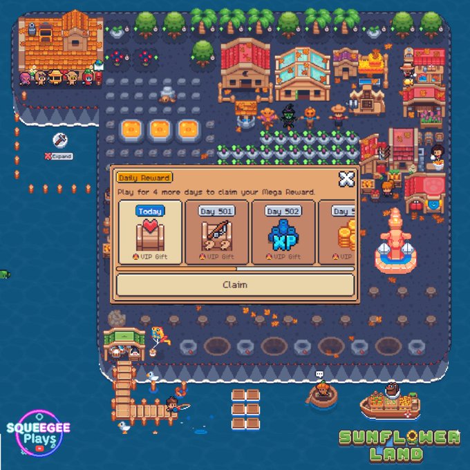 A pixel art game screenshot from 'SUNFLOWER LAND' by Squeegee Plays, showing various buildings, characters, and a 'Daily Reward' pop-up window prompting the player to 'Play for 4 more days to claim your Mega Reward.'