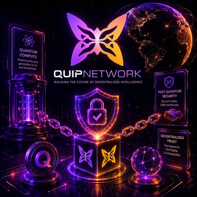 A futuristic tech graphic for 'QUIP NETWORK' featuring a butterfly logo, with sections labeled 'QUANTUM COMPUTE', 'POST QUANTUM SECURITY', and 'DECENTRALIZED TRUST'.