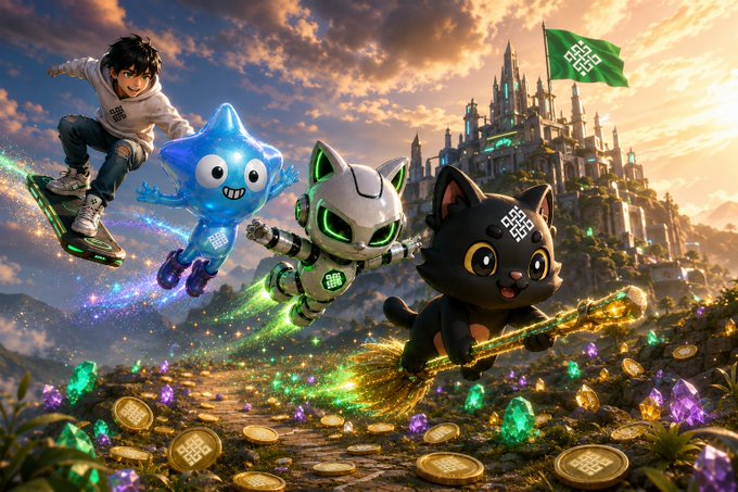 A vibrant fantasy-style illustration showing a boy riding a hoverboard, a blue water creature, a robotic white cat, and a black cat with a green flag, all flying over a landscape scattered with gold coins and gems.