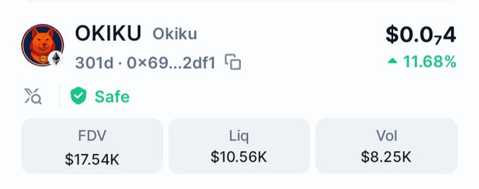 A cryptocurrency/token price display showing 'OKIKU' with a price of $0.074, up 11.68%.