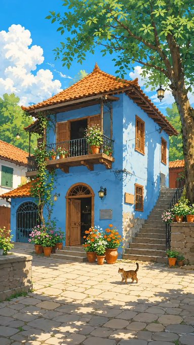 An illustrated scene of a charming blue Mediterranean-style house with terracotta roof tiles, colorful flower pots, a stone courtyard, and an orange tabby cat walking by.