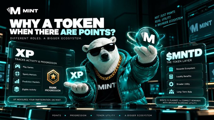 A promotional graphic for 'MINT' cryptocurrency featuring a polar bear character in sunglasses and a teal jacket holding an 'XP' card, with text 'WHY A TOKEN WHEN THERE ARE POINTS?' explaining the XP system and $MNTD token layer.