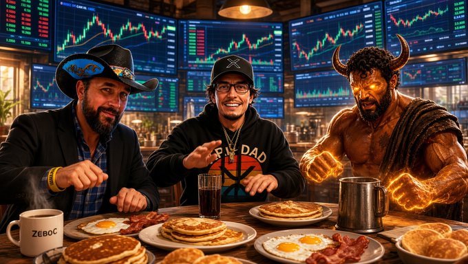 A stylized image shows three men at a breakfast table with pancakes and eggs, with one wearing a cowboy hat, one in an XRP hoodie labeled 'XRP DAD', and one as a glowing horned figure, set against trading chart screens.