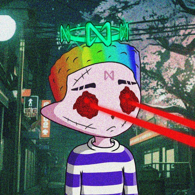 A cartoon figure with a rainbow-haired head and stitched face shoots red laser beams from its eyes, with a "N" symbol floating above, set against a dark urban background with a moon.

The image relates to the post by featuring the "N" symbol, which likely represents NEAR Protocol, tying into the message about using Meteor Wallet and submitting NEAR account IDs.