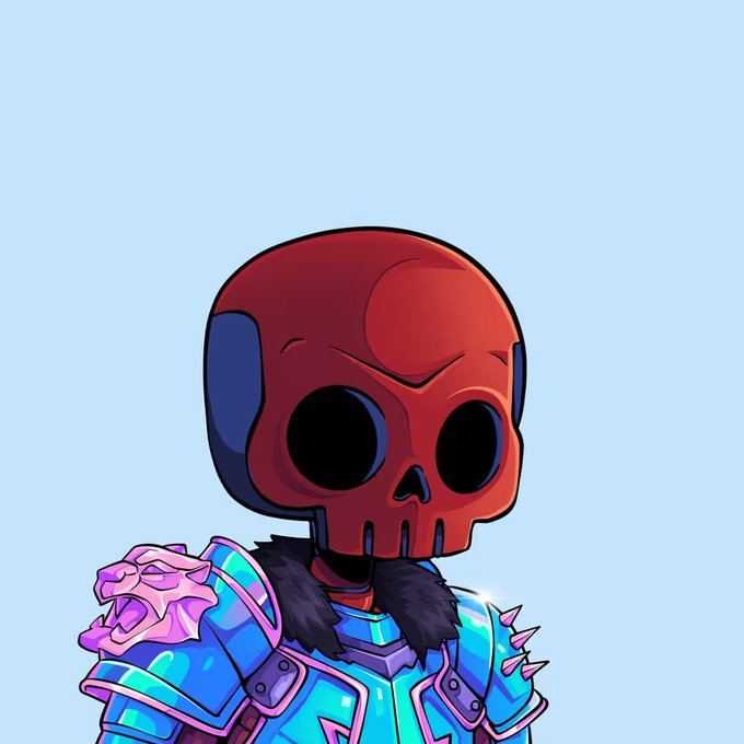 A digital illustration shows a character in blue armor with a pink panther shoulder pauldron, wearing a large red skull mask.