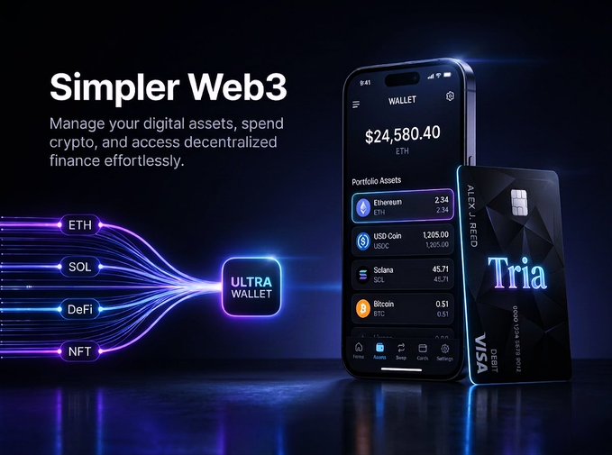 The image features a smartphone displaying a web page with information about Web3, including details of how to use it for managing digital assets, spending money, and accessing decredentialized finance. The phone's screen shows an app called "Ultra Wallet" that is used for managing digital assets on the Web3 platform. The background of the image has a dark blue color, which contrasts with the white text in the post.