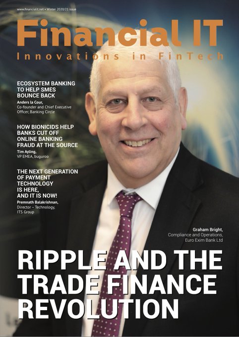 The image is the cover of *Financial IT* magazine's Winter 2020/21 issue, featuring Graham Bright, Compliance and Operations Director at Euro Exim Bank, with the main headline "RIPPLE AND THE TRADE FINANCE REVOLUTION." The accompanying post highlights Graham Bright as a former SWIFT executive now working at Euro Exim Bank—a bank that utilizes XRP—drawing a connection between his past SWIFT role, his current position, and the magazine's focus on Ripple's role in trade finance.