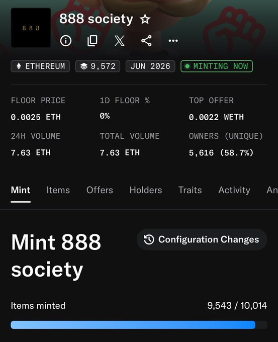 A screenshot of the '888 society' NFT collection on Ethereum, showing a floor price of 0.0025 ETH, 5,616 unique owners, and 9,543 items minted out of 10,014.