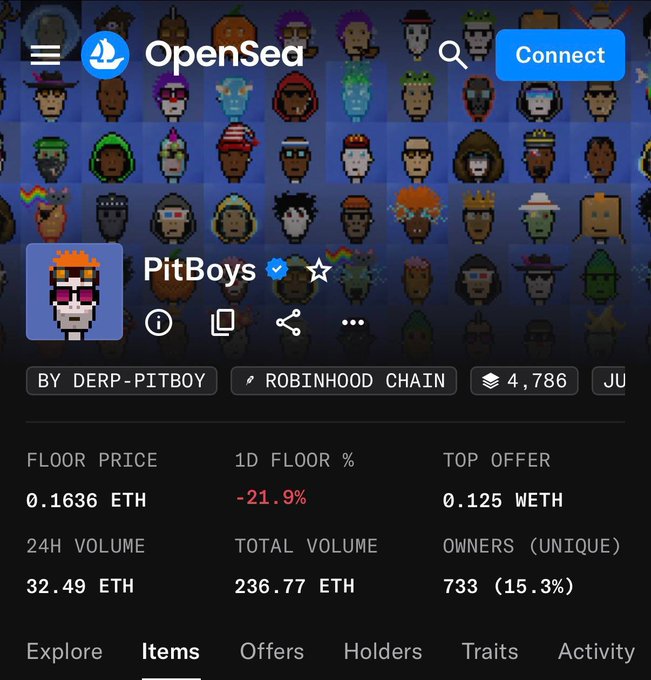 A screenshot of the "OpenSea" NFT marketplace shows the "PitBoys" collection by "DERP-PITBOY" on "ROBINHOOD CHAIN," with a floor price of "0.1636 ETH," "-21.9%" 1D change, and 32.49 ETH 24H volume.