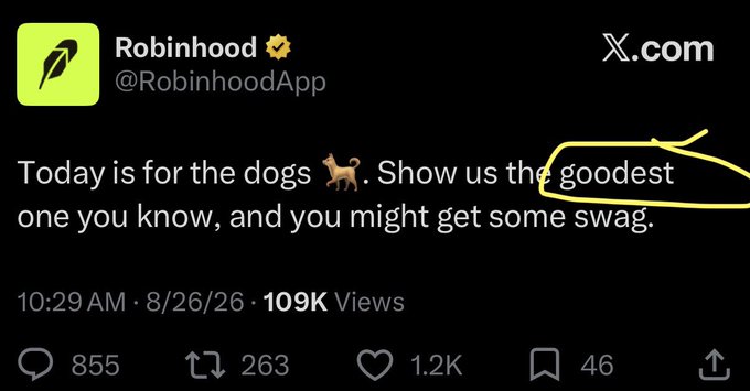 A screenshot of a tweet from verified Robinhood (@RobinhoodApp) posted at 10:29 AM on 8/26/26 with 109K views, reading "Today is for the dogs 🐕. Show us the goodest one you know, and you might get some swag." — with the word "goodest" circled in yellow, tying to the $GOOD token reference in the post.