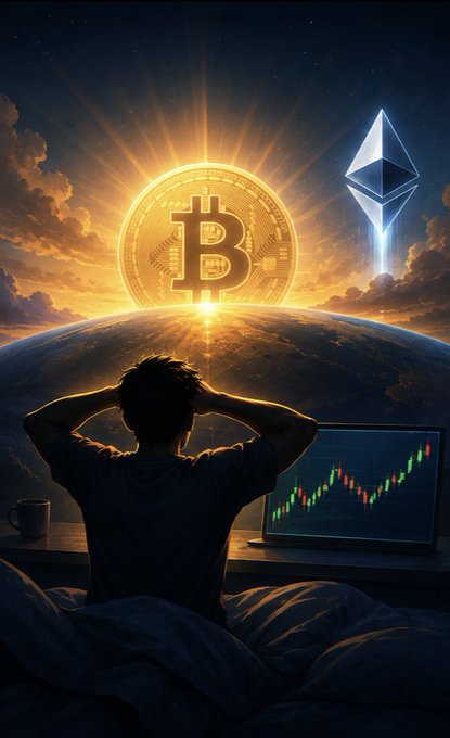 A silhouetted figure sits in bed with hands behind their head, gazing out a window at a glowing Bitcoin symbol rising over the Earth alongside an Ethereum logo, while a laptop beside them displays a green candlestick chart reflecting the post's discussion of $BTC breaking $69K, $ETH's ~18% jump, and $1.4B in shorts liquidated.