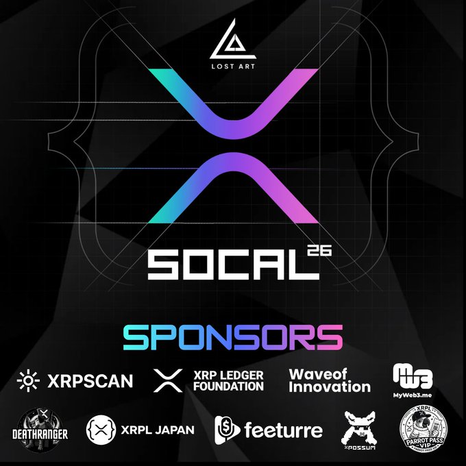A promotional graphic for "XRP SoCal '26" by Lost Art, featuring a large stylized "X" logo above the event title and a "Sponsors" section listing partners including XRPSCAN, XRP Ledger Foundation, Waveof Innovation, MyWeb3.me, Deathranger, XRPL JAPAN, Feeturre, XRPL Fossum, and Parrot Pass Pirate. The image visually supports the post announcing the annual Southern California XRP community event and its sponsor lineup, inviting further participation.
