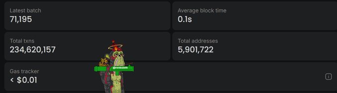 A dashboard displaying Robinhood Chain statistics—including 71,195 latest batch, 0.1s average block time, 234,620,157 total txns, 5,901,722 total addresses, and gas tracker under $0.01—overlaid with a Pepe meme wearing a red hat, illustrating the post's point about the network's rapid, low-cost performance and growing onchain activity.