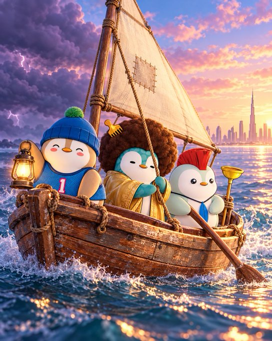 A whimsical digital illustration shows three penguin-like plush characters sailing a small wooden boat at sunset, with one holding a lantern and another wearing a robe.