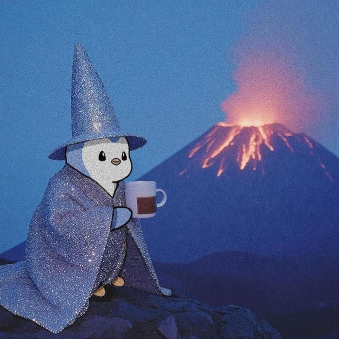 An illustration of a cute penguin wearing a sparkly wizard hat and robe, holding a mug while sitting before an erupting volcano at dusk.