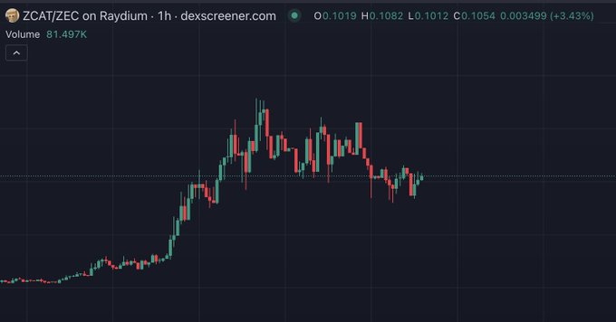 A 1-hour candlestick chart of ZCAT/ZEC on Raydium showing a price of $0.1019 (+3.43%) with volume of 81.497K, displaying a sharp upward move followed by volatile consolidation, supporting the author's bullish stance on the token despite its $100M market cap.