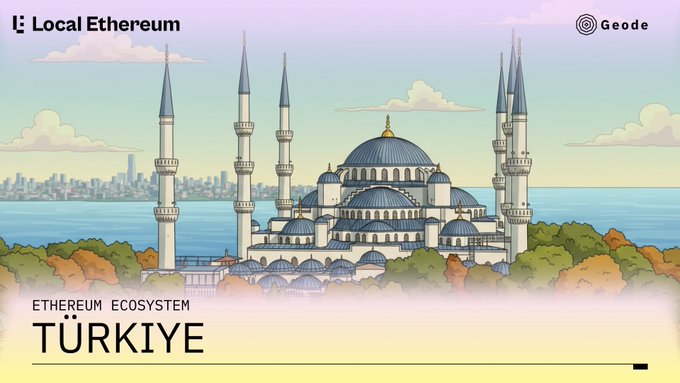 The image features a cartoon illustration of the Blue Mosque located in Istanbul, Turkey. The mosque has four minarets and a large dome at its center. The background shows a cityscape with buildings and trees, creating an urban setting for the mosque. The text on the image reads "Ethereum ecosystem: where crisis meets innovation." This suggests that the image is related to the Ethereum ecosystem or cryptocurrency in general.
