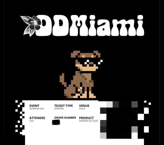 A pixel art ticket stub for "DDMIAMI 2026" event in Miami, featuring a pixelated T-Rex wearing sunglasses and attendee name "Chai".