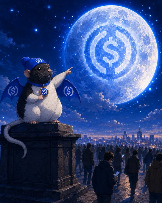 An illustration of a black and white rat wearing a blue beanie and dollar-sign medallion, perched on a pedestal pointing at a large moon bearing a dollar symbol, with people gazing at a city skyline below.