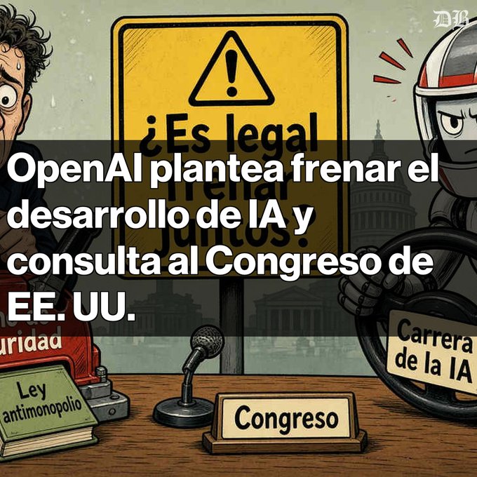 A cartoon-style Spanish-language news graphic featuring an illustration of a congressional hearing with the headline 'OpenAI plantea frenar el desarrollo de IA y consulta al Congreso de EE. UU.'
