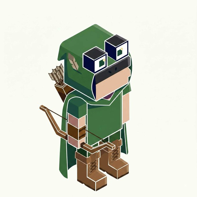An isometric Minecraft-style character illustration of a green-clad archer with goggles on its head, a quiver of arrows on its back, holding a bow, and wearing brown boots.
