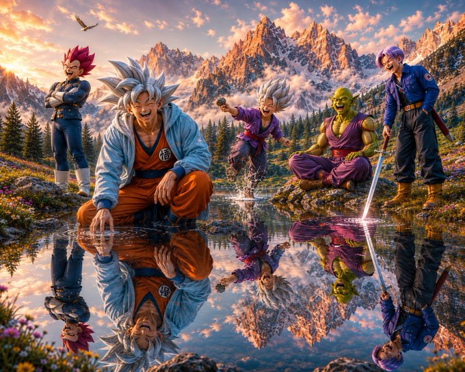 An anime-style illustration depicting several characters in dynamic poses near a reflective mountain lake at sunset.