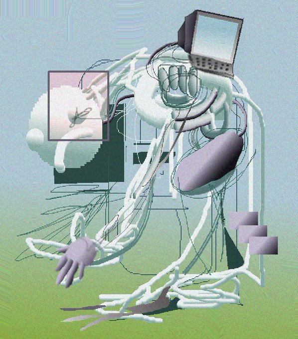 A surreal digital artwork featuring an abstract figure with a computer monitor for a head, surrounded by tangled wires, floating frames, and disembodied hands against a soft blue-green background.