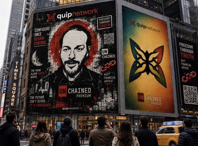 A street-level view of billboards advertising 'quip network' and 'UNCHAINED PREMIUM' with slogans like 'FREEDOM THROUGH TRUTH', 'CONFIGURE ONCE REGAIN CONTROL', and a QR code, featuring a portrait of a man.