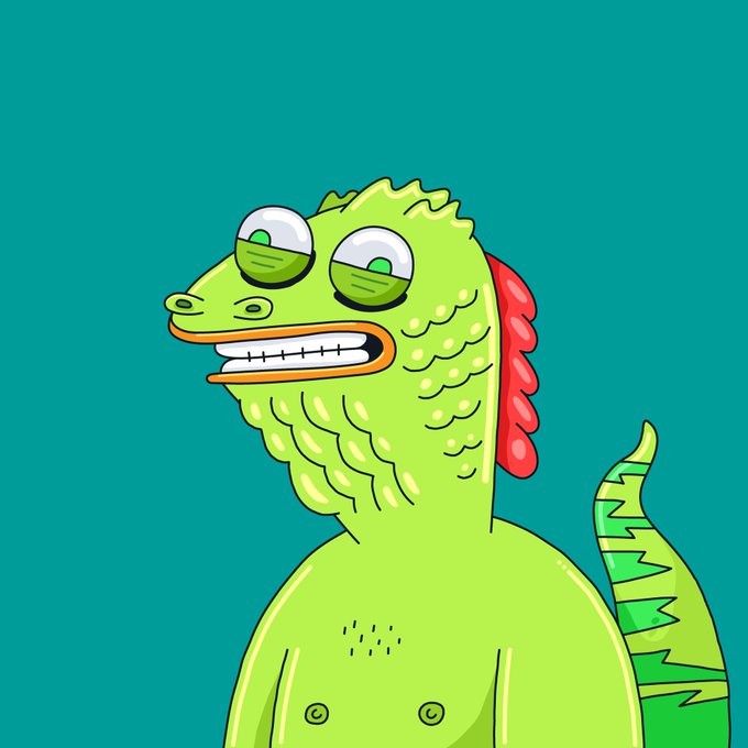 A cartoon illustration of a green lizard-like creature with large expressive eyes, a red crest on its head, and a wide grin, set against a solid teal background.