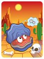 A cartoon app icon featuring a blue furry monster with a wide red mouth, set against a desert background with a skull.