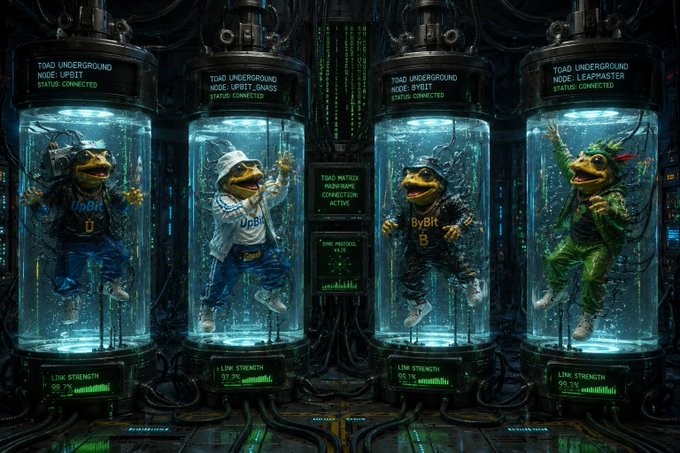 A digital art piece with four cartoon-looking creatures hanging inside glass tanks. The creatures appear to be discussing their options for navigating through a virtual environment or accessing some sort of technological system, likely related to cryptocurrency. They are connected by a network and surrounded by multiple technical diagrams and charts indicating complex systems or processes in play.