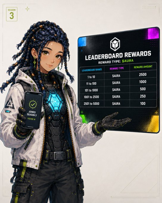 An anime-style female character with blue braided hair holding a phone displaying 'JOINED SEASON 3 YOU'RE IN', next to a 'LEADERBOARD REWARDS' table showing $AURA rewards ranging from 2500 (ranks 1-10) down to 100 (ranks 2501-5000).