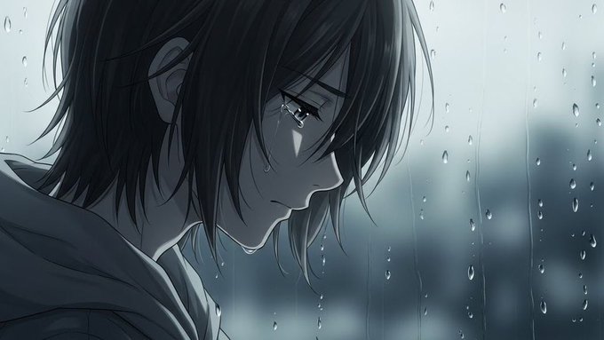 An anime-style illustration of a melancholy young person with short dark hair looking down sadly, with raindrops visible on a window pane in the foreground.