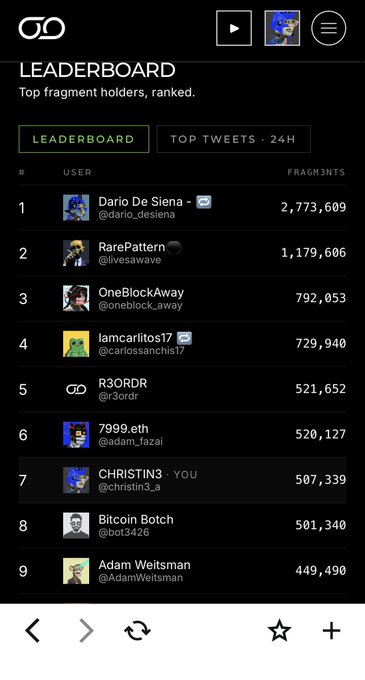 The image displays a "GO" Leaderboard ranking top fragment holders, with Dario De Siena leading at 2,773,609 fragments followed by RarePattern, OneBlockAway, and others. Adam Weitsman, highlighted in the accompanying post, appears at #9 on the leaderboard with 449,490 fragments, supporting the claim of his new entry into the Top 10.