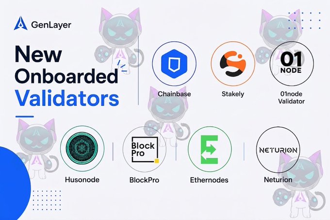 GenLayer promotional graphic titled 'New Onboarded Validators' displaying logos of seven new validators: Chainbase, Stakely, 01node Validator, Husonode, BlockPro, Eternodes, and Neturion.