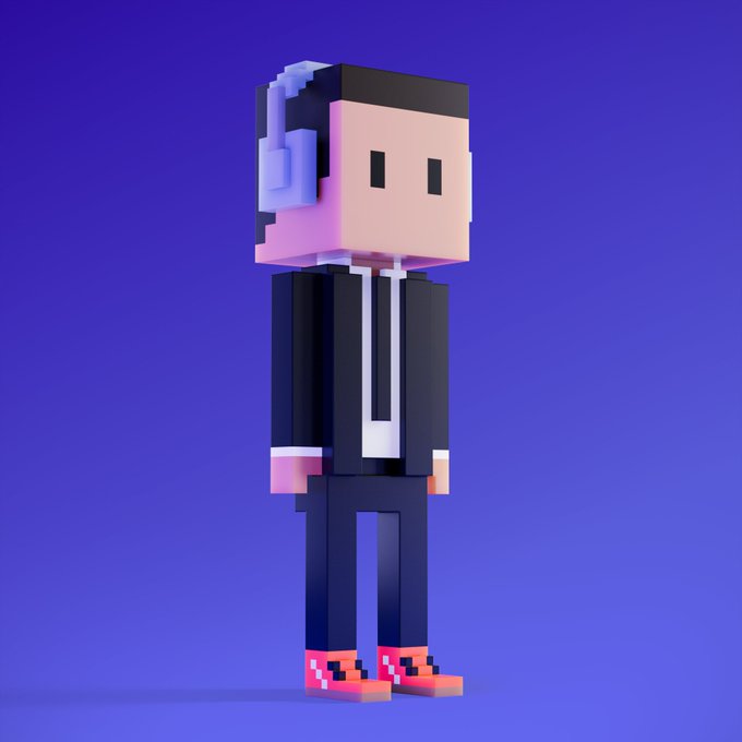 A 3D voxel-style character wearing a black suit, headphones, and red sneakers stands against a purple background.