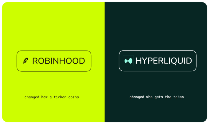 The image is split to contrast two logos: "ROBINHOOD" on a neon yellow background labeled "changed how a ticker opens," and "HYPERLIQUID" on a dark green background labeled "changed who gets the token," visually framing the post's argument about VC disruption and the inversion of traditional token launch sequences.