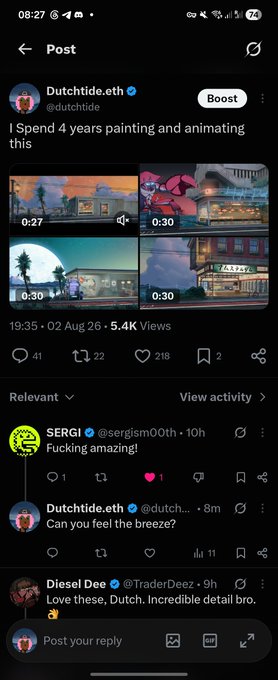 A Twitter/X post by @dutchride.eth showing four animation stills with the caption 'I Spend 4 years painting and animating this', gaining 5.4K views with replies from @sergism00th, @dutchride.eth, and @TraderDeez.