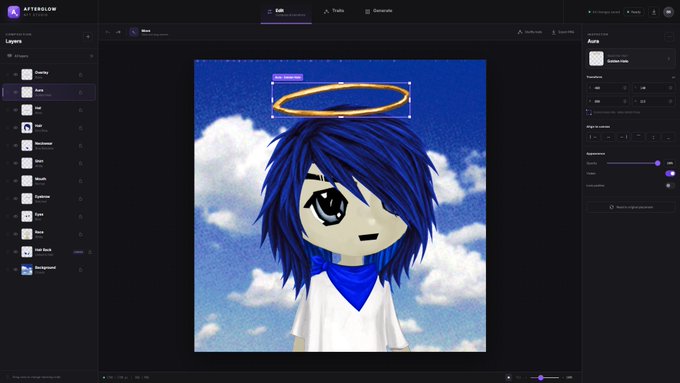 A screenshot of the Afterglow Studio editing interface showing an anime-style character with blue hair and a halo against a cloudy sky background, with various layers and tools visible.