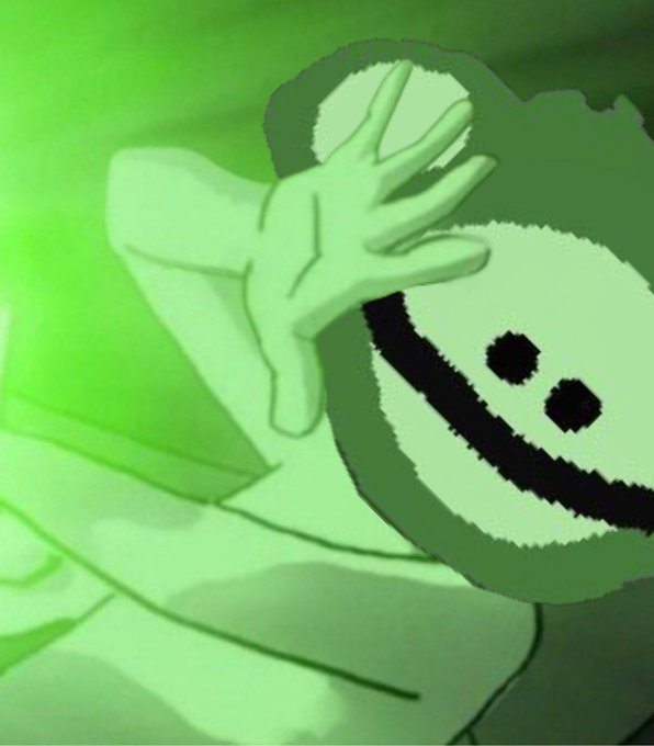 A green-tinted image shows a stylized figure holding up a hand with a pill-shaped face featuring simple dot eyes and a smile, evoking the groggy, slow-moving sensation of just waking up—matching the "waking up be like" caption by capturing that half-awake, sluggish state.